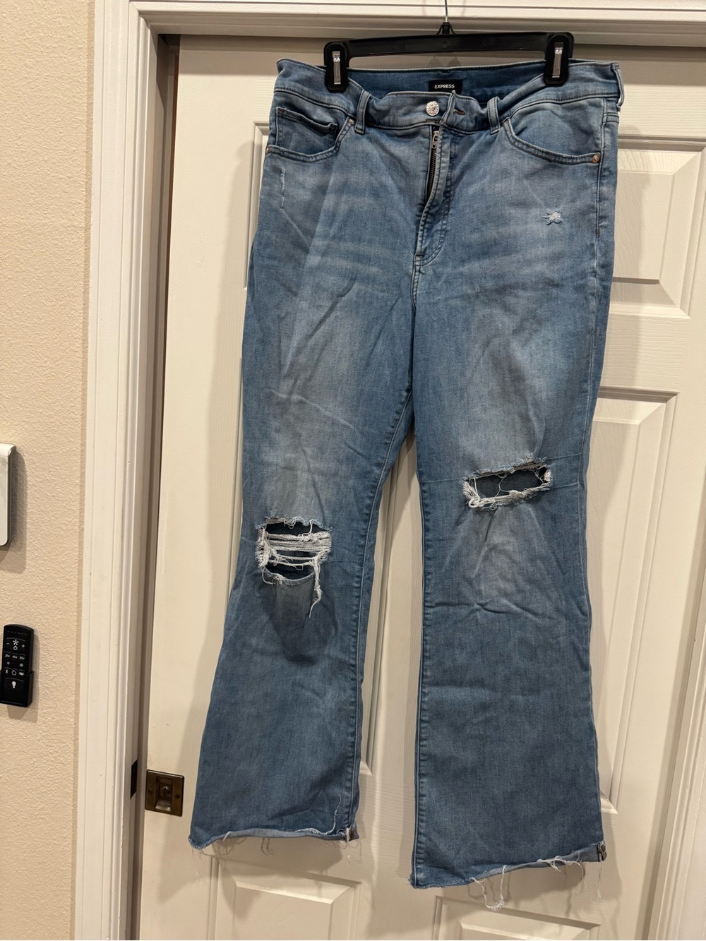 Express Light Blue Distressed Flare Jeans